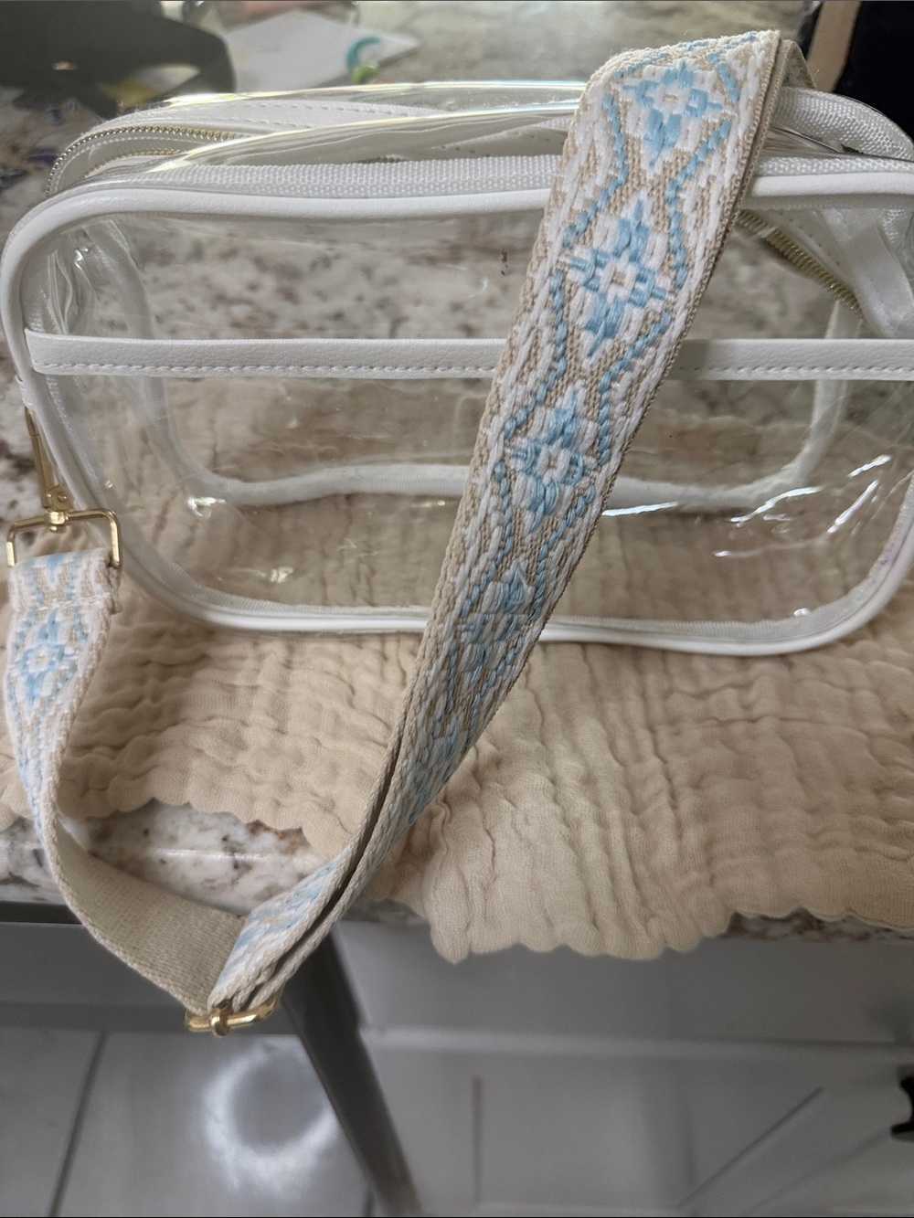 Clear Crossbody Bag with White Trim and Blue-Patterned Beige Strap